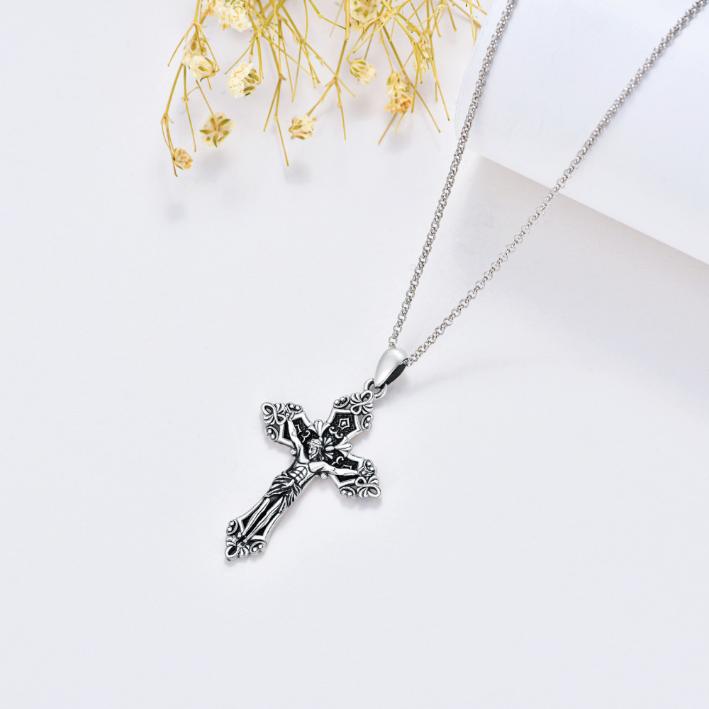 Sterling Zilveren Kruis & Jezus Hanger Halsketting met Rolo Ketting-4