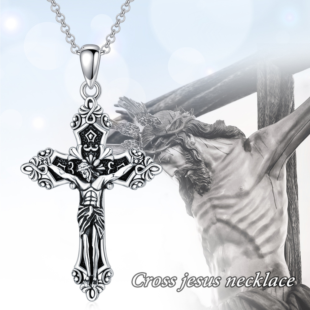 Sterling Zilveren Kruis & Jezus Hanger Halsketting met Rolo Ketting-6