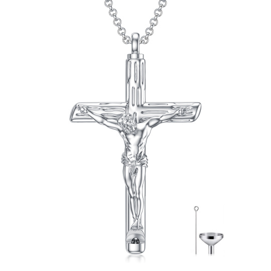 Plata de ley Cruz Jesús Urna Collar para cenizas para hombres