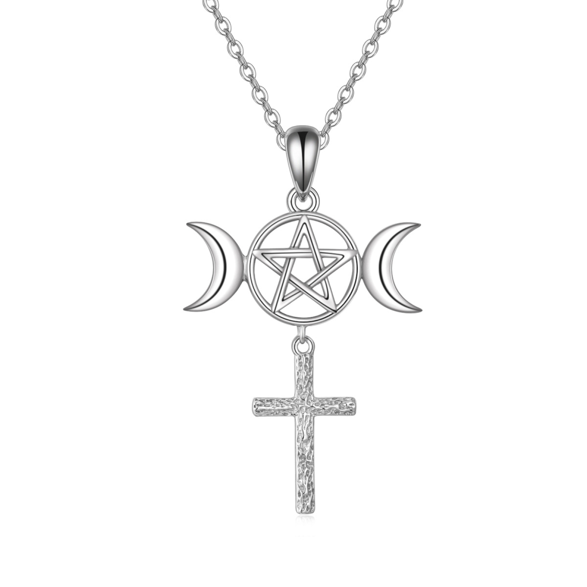 Sterling Silver Cross & Moon & Triangle Pendant Necklace-1