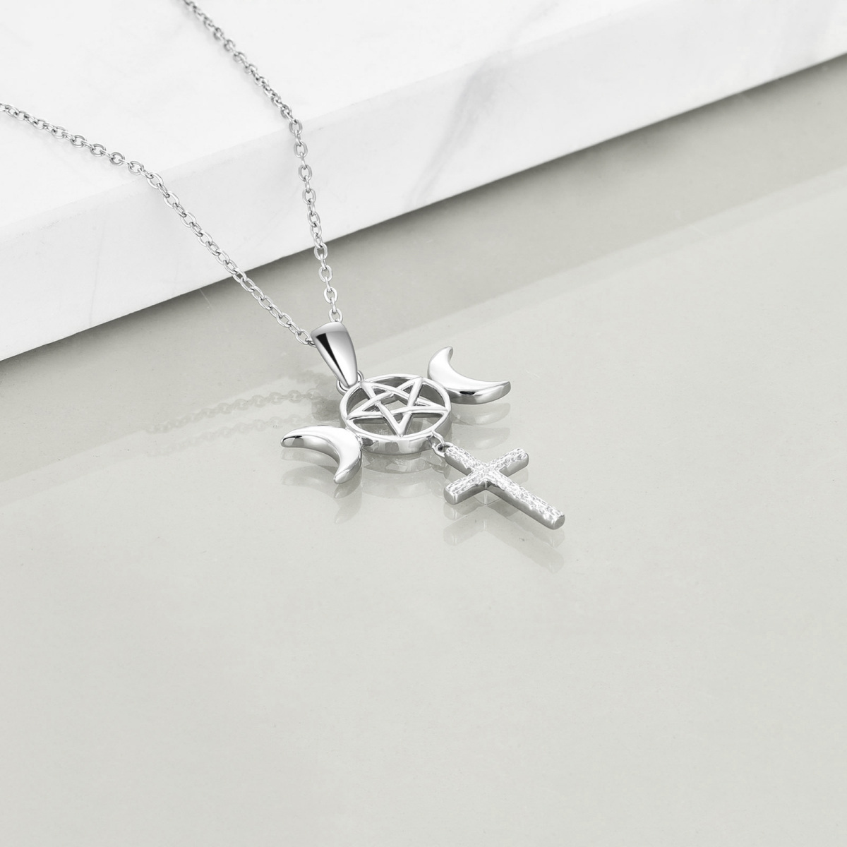 Sterling Silver Cross & Moon & Triangle Pendant Necklace-4