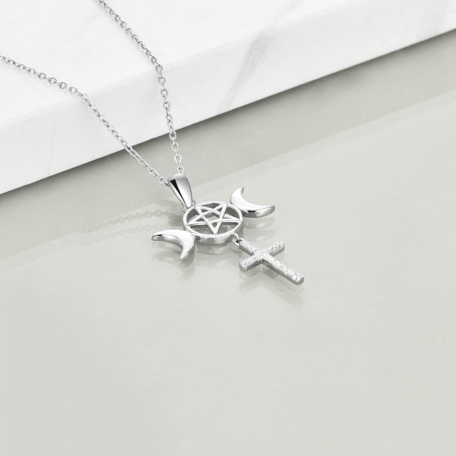 Sterling Silver Cross & Moon & Triangle Pendant Necklace-4