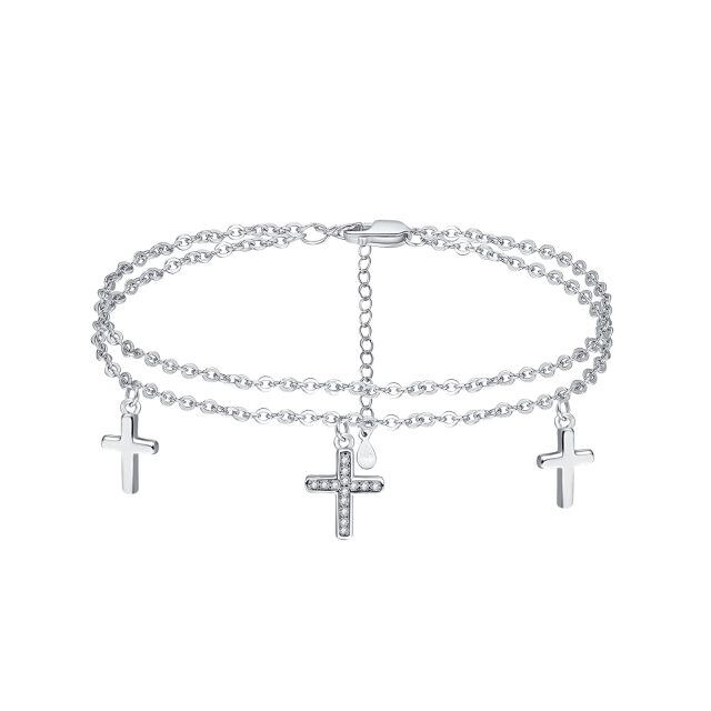 Bracelet de cheville en argent sterling avec croix en zircon cubique et multicouches-1