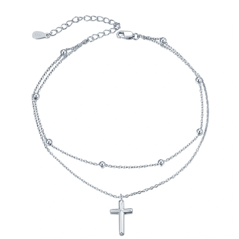 Cavigliera con ciondolo a forma di croce in argento sterling multistrato per donna-1