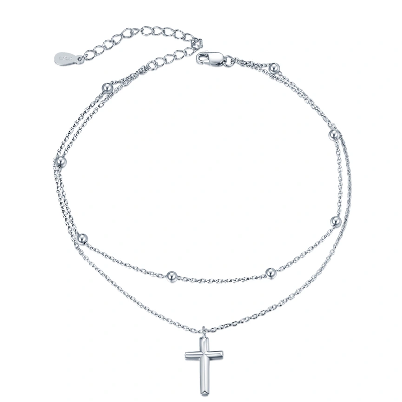 Sterling Silver Cross Multi-layered Charm Anklet for Women-1