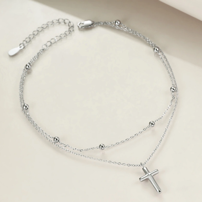 Cavigliera con ciondolo a forma di croce in argento sterling multistrato per donna-2