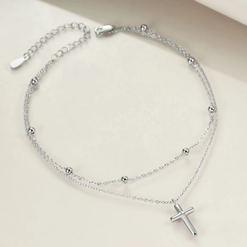 Sterling Silver Cross Multi-layered Charm Anklet for Women-2