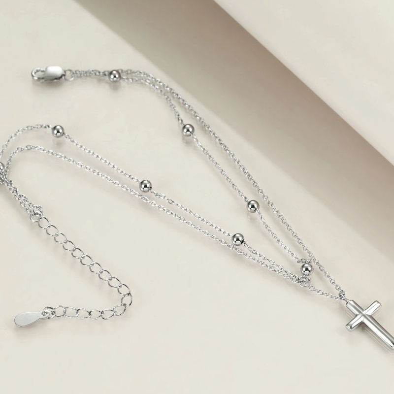 Cavigliera con ciondolo a forma di croce in argento sterling multistrato per donna-3