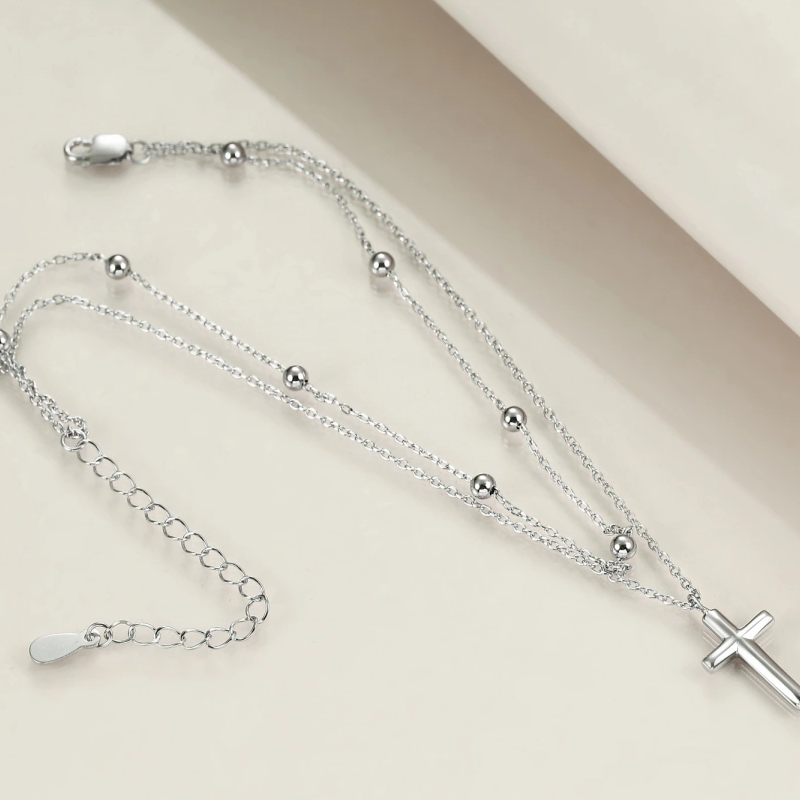 Sterling Silver Cross Multi-layered Charm Anklet for Women-3