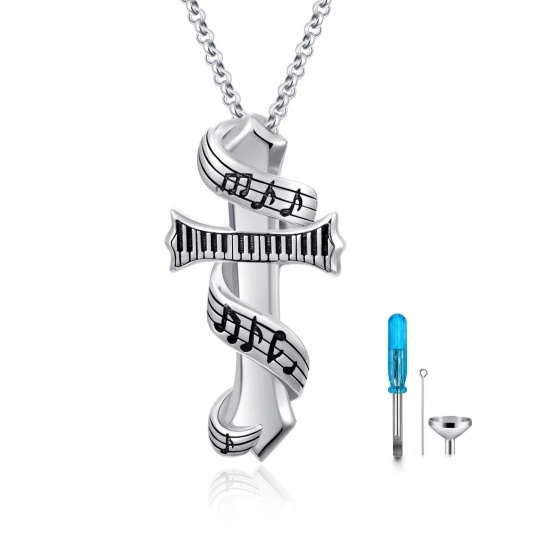 Sterling Silver Cross & Music Symbol & Piano Urn Necklace for Ashes