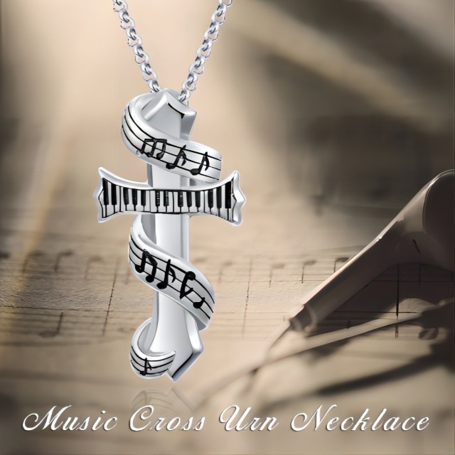 Sterling Silber Kreuz & Musik Symbol & Klavier Urne Halskette-6