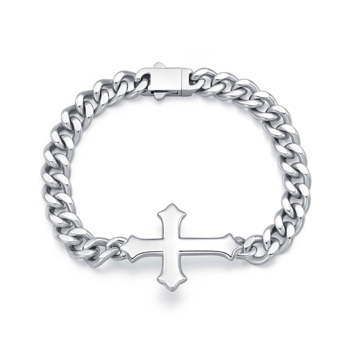 Sterling Silver Cross Curb Link Chain Charm Bracelet for Men-1