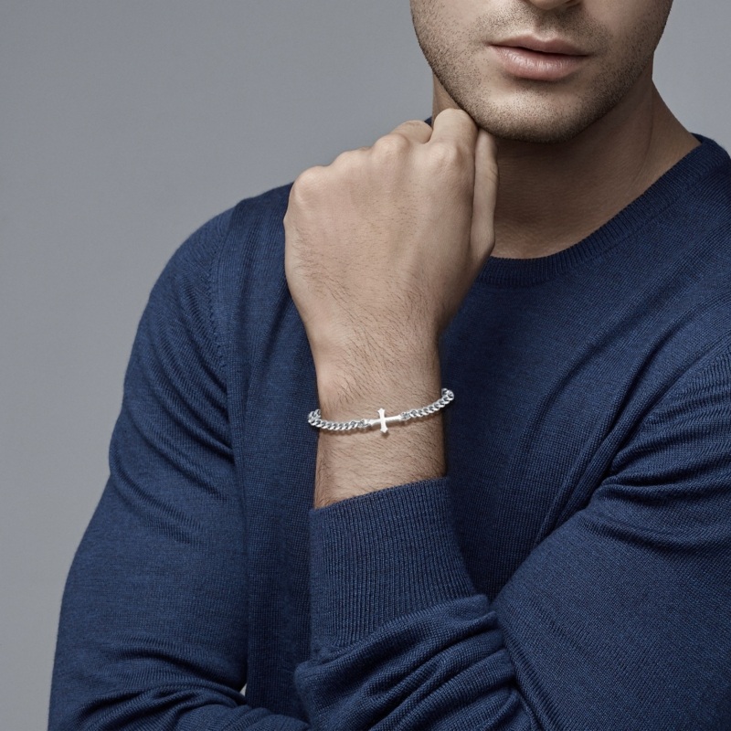 Pulseira de pingente de corrente cubana de aço inoxidável com cruz de prata esterlina para homens-3