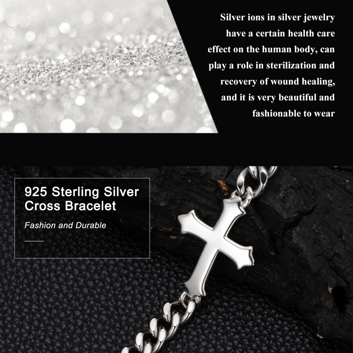 Sterling Silver Cross Curb Link Chain Charm Bracelet for Men-7