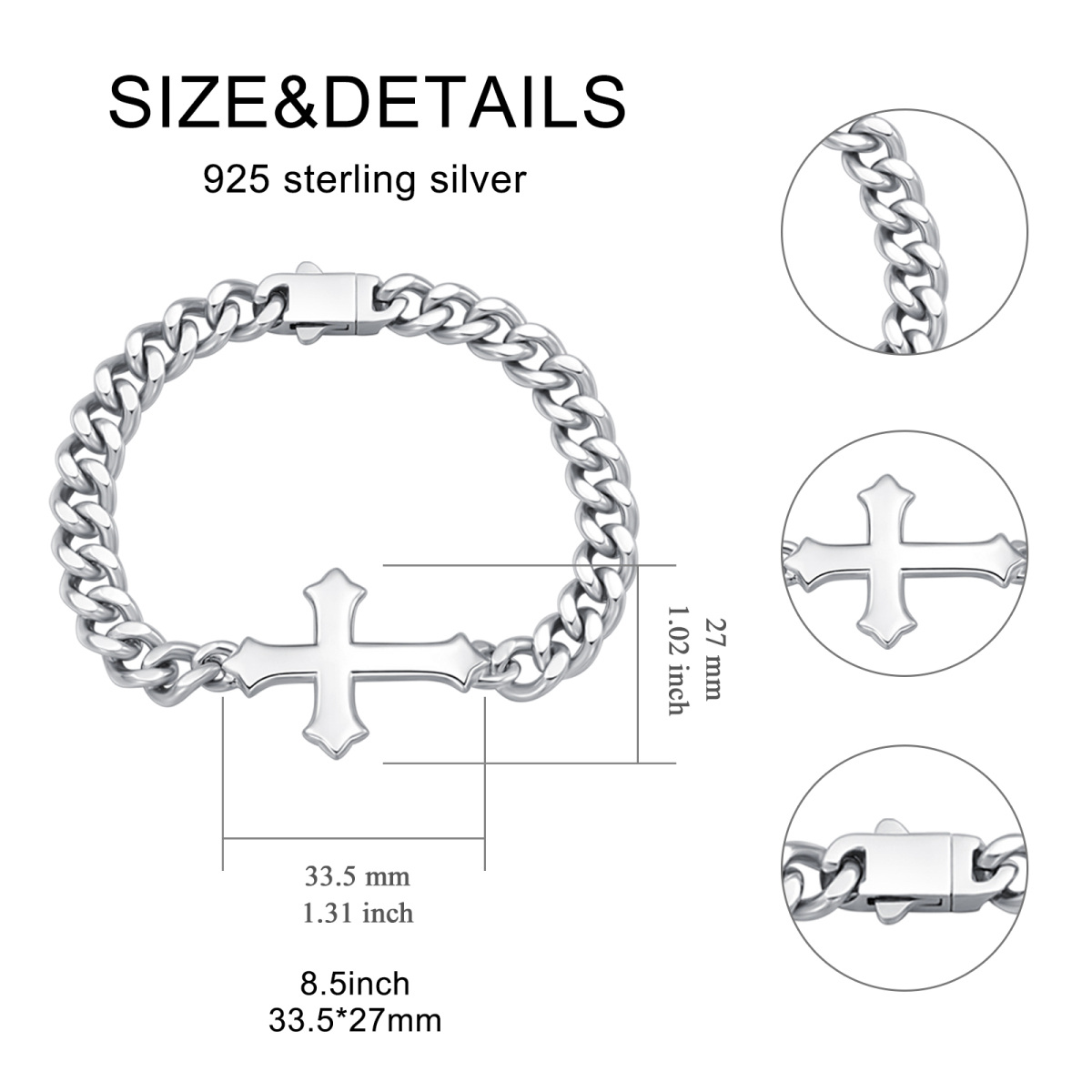 Sterling Silver Cross Curb Link Chain Charm Bracelet for Men-6