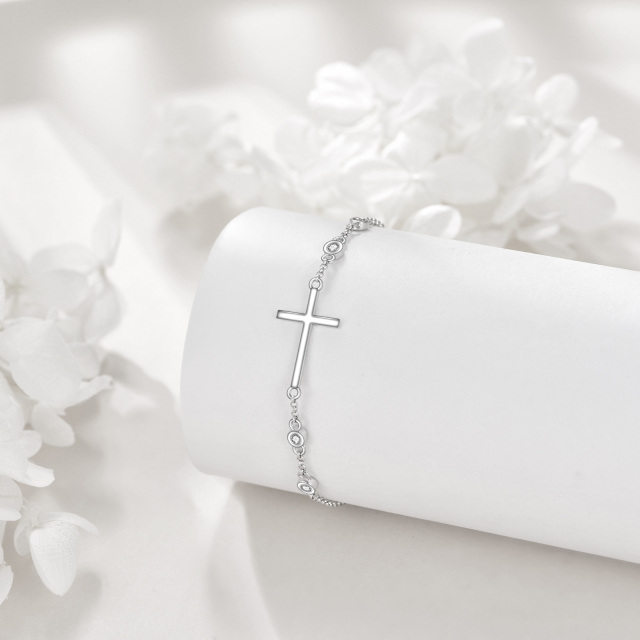 Sterling Silver Cubic Zirconia Cross Pendant Bracelet-4