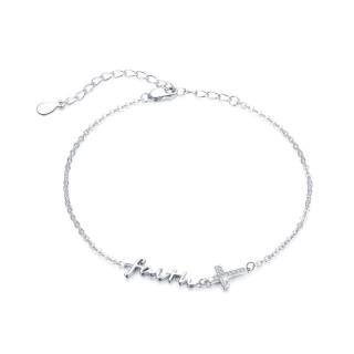 Sterling Silver Cubic Zirconia Cross Charm Bracelet with Engraved Word-10