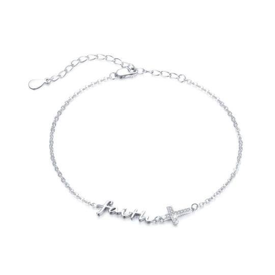 Sterling Silver Cubic Zirconia Cross Charm Bracelet with Engraved Word