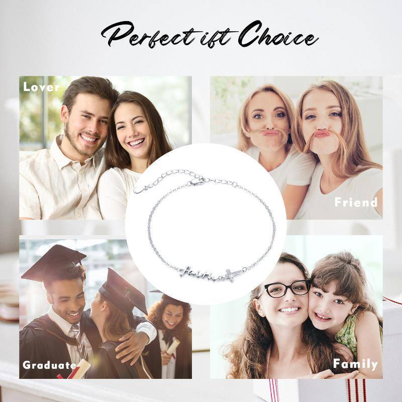 Bracciale con ciondolo a croce in argento sterling con zirconia cubica e parola incisa-7