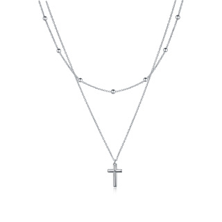 Sterling Silver Cross Pendant Double Layered Necklace with Bead Station Chain-1