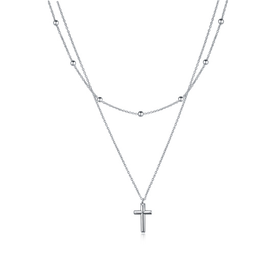 Sterling Silver Cross Pendant Double Layered Necklace with Bead Station Chain