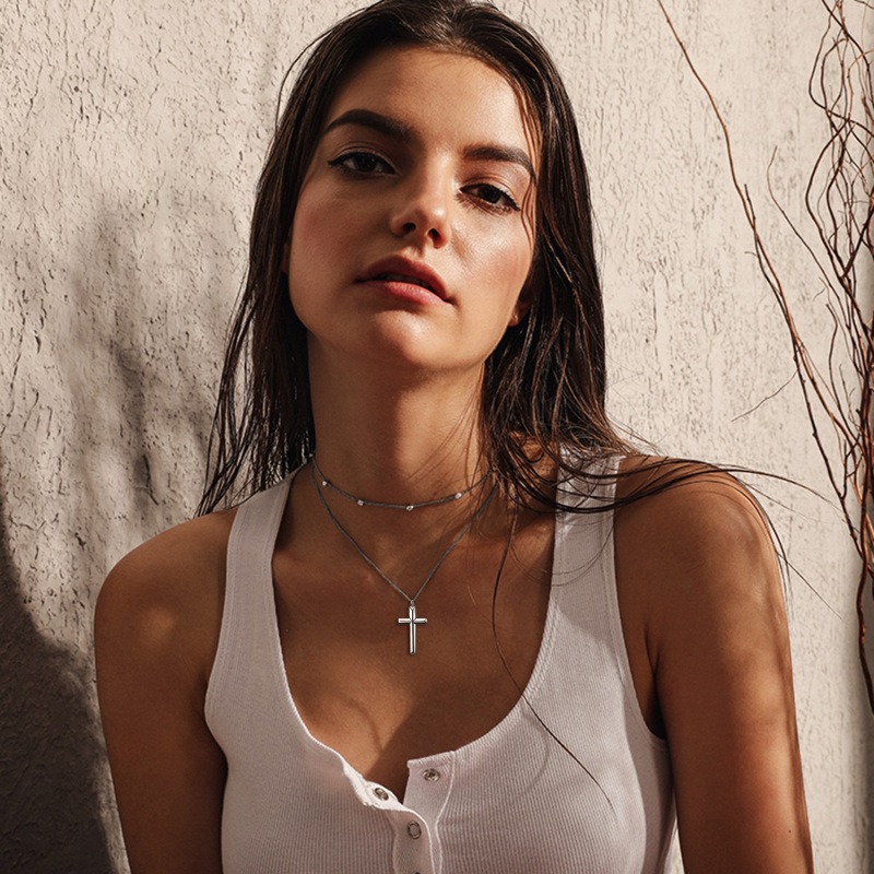 Sterling zilveren kruis hanger dubbele gelaagde ketting met kralen station ketting-2