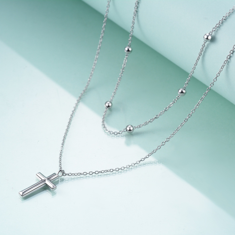 Sterling zilveren kruis hanger dubbele gelaagde ketting met kralen station ketting-3