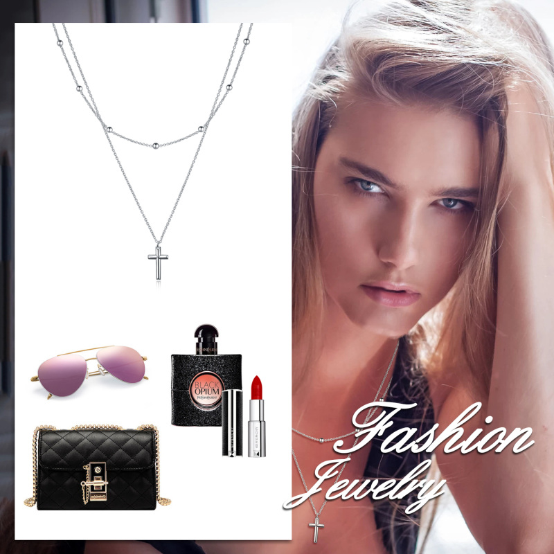 Sterling zilveren kruis hanger dubbele gelaagde ketting met kralen station ketting-5