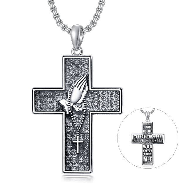 Sterling Silver Cross Pendant Necklace with Engraved Word for Men-1