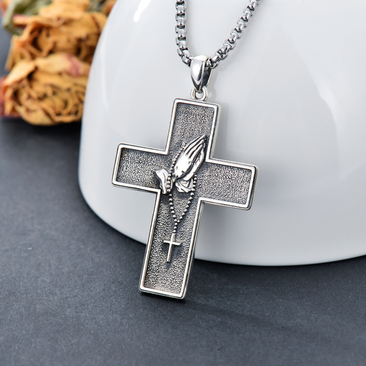 Sterling Silver Cross Pendant Necklace with Engraved Word for Men-3