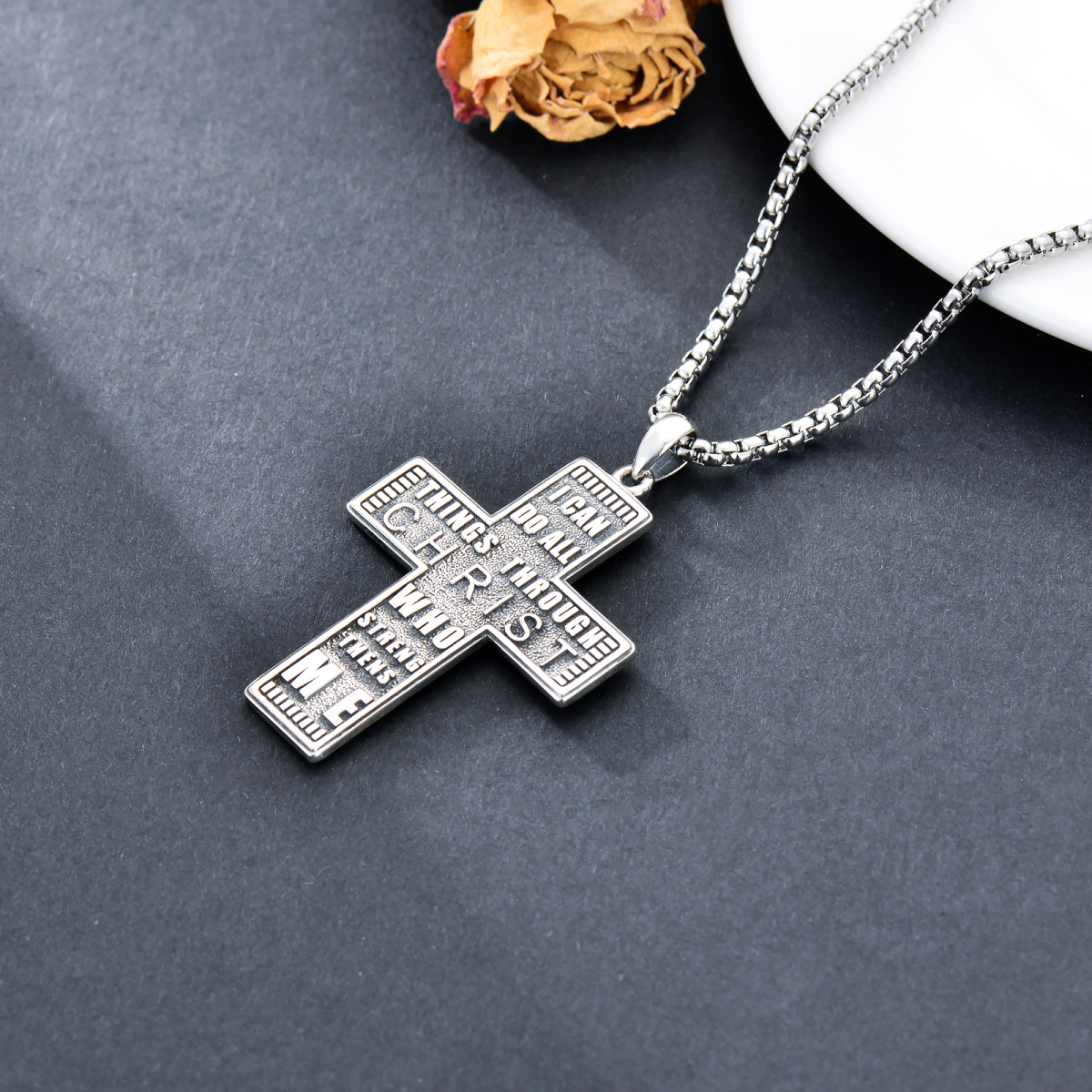 Sterling Silver Cross Pendant Necklace with Engraved Word for Men-4