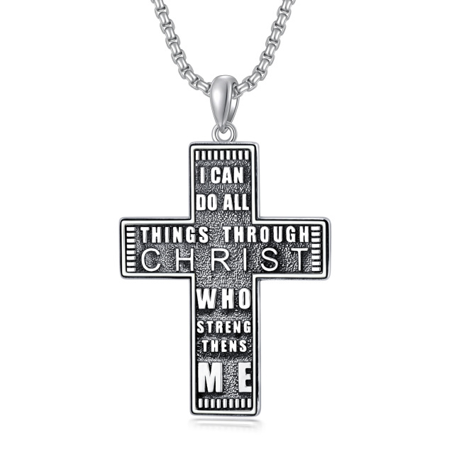 Sterling Silver Cross Pendant Necklace with Engraved Word for Men-6