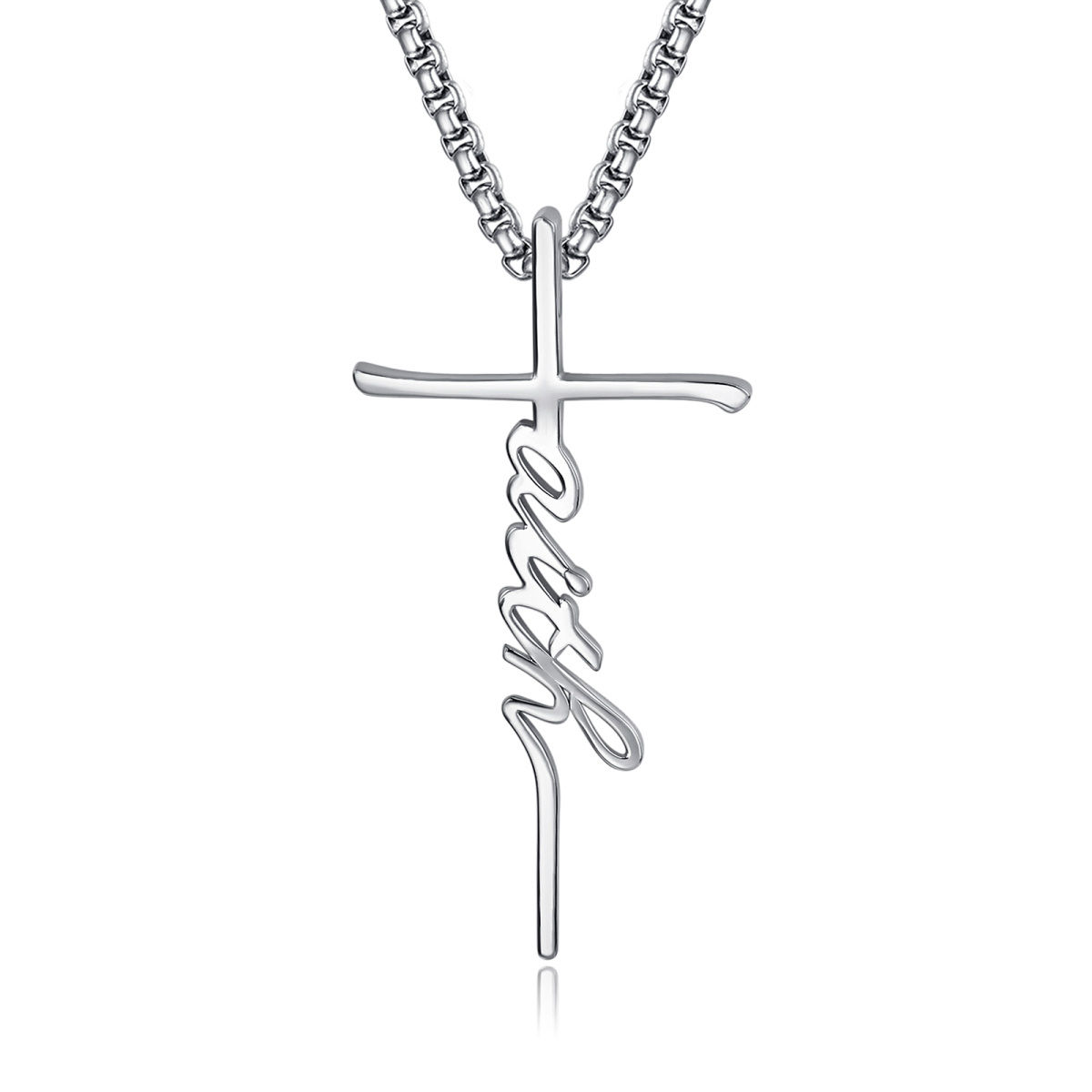 Sterling Silver Cross Pendant Necklace with Engraved Word for Men-1