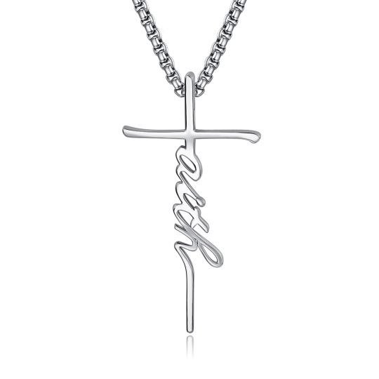 Sterling Silver Cross Pendant Necklace with Engraved Word for Men