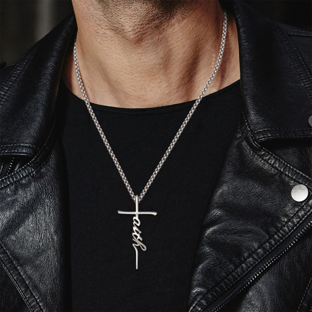 Sterling Silver Cross Pendant Necklace with Engraved Word for Men-2