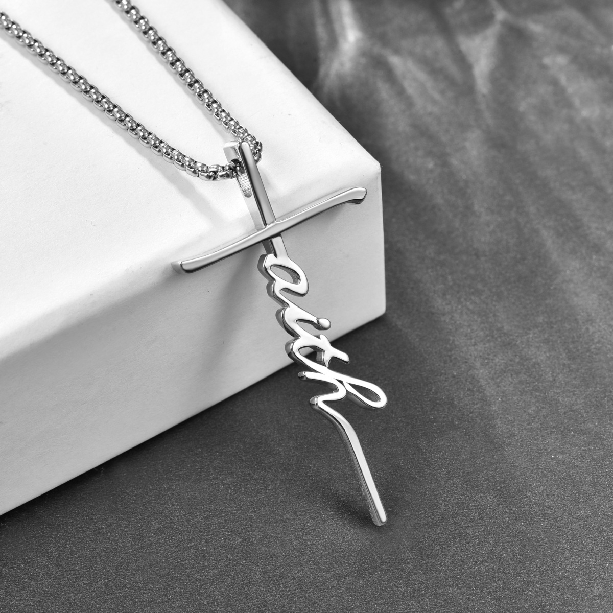 Sterling Silver Cross Pendant Necklace with Engraved Word for Men-4