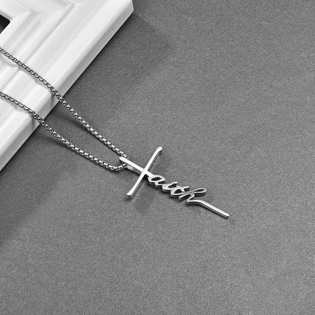 Sterling Silver Cross Pendant Necklace with Engraved Word for Men-5