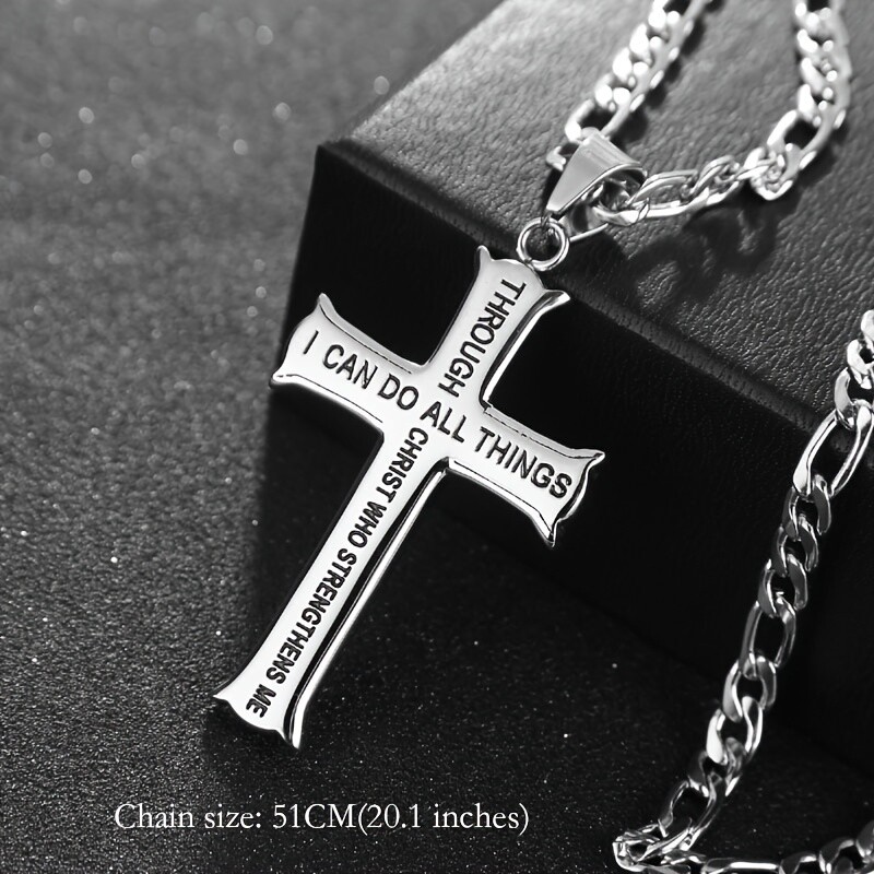 Sterling Silver With Black Rhodium Color Cross Pendant Necklace With Engraved Word For Men-3