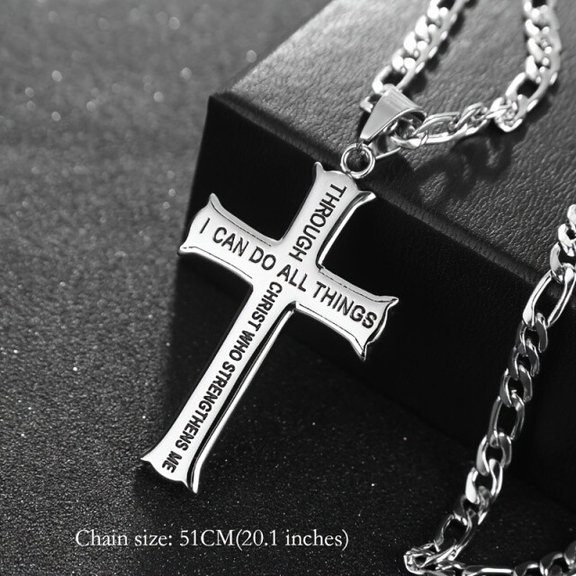 Collana con ciondolo a forma di croce in argento sterling con parola incisa per uomo-1