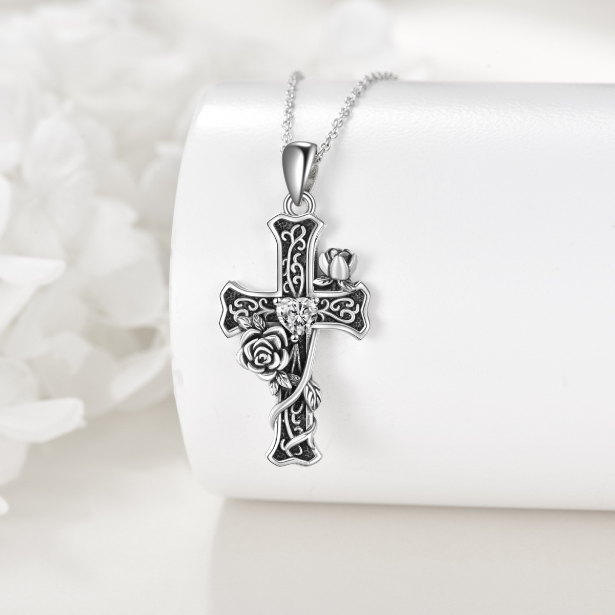 Sterling Silver Cubic Zirconia Cross Pendant Necklace-3