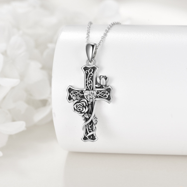 Sterling Silver Cubic Zirconia Cross Pendant Necklace-3