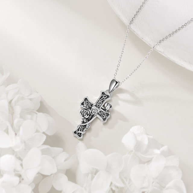 Sterling Silver Cubic Zirconia Cross Pendant Necklace-4