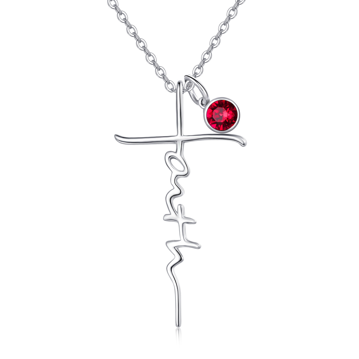 Collana con ciondolo a forma di croce in argento sterling con zirconia cubica e parola incisa-1