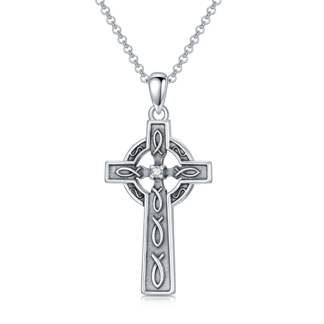 Sterling Silver Cubic Zirconia Cross Pendant Necklace-1