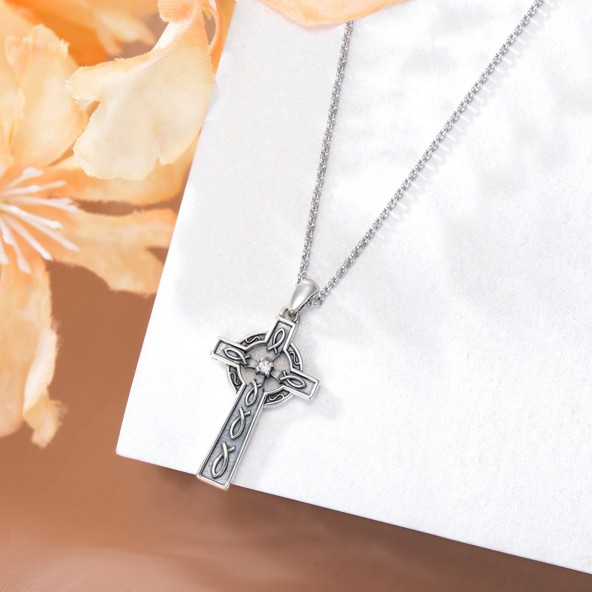 Sterling Silver Cubic Zirconia Cross Pendant Necklace-5