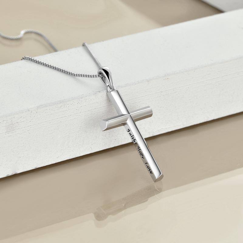 Sterling Silver Cross Pendant Necklace with Engraved Word-4