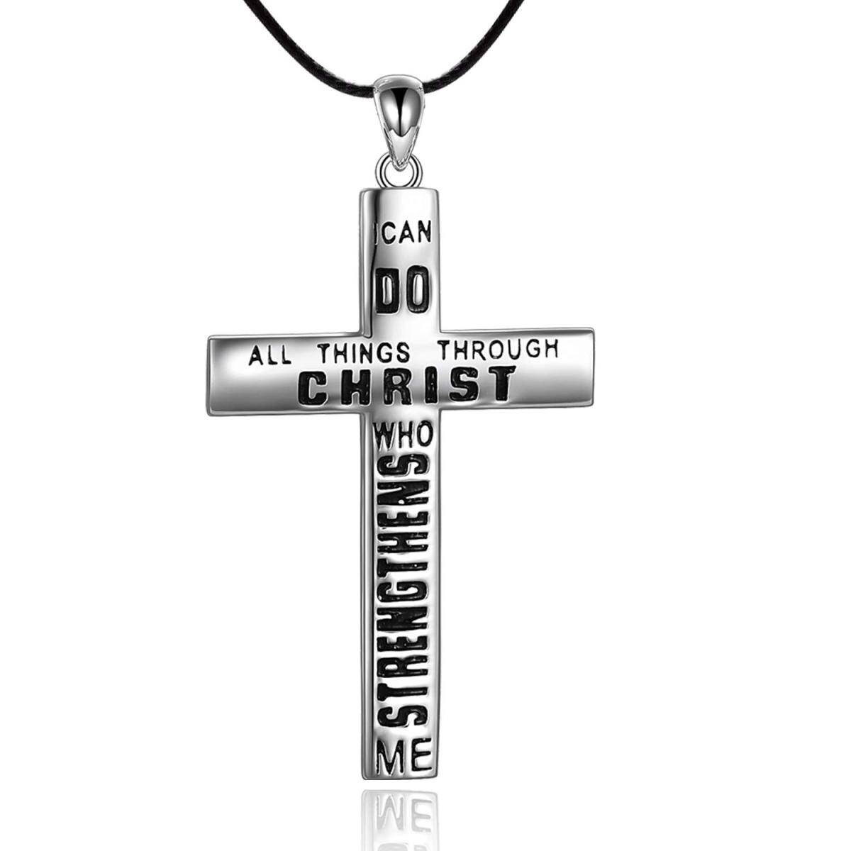 Sterling Silver Cross Pendant Necklace with Engraved Word-1