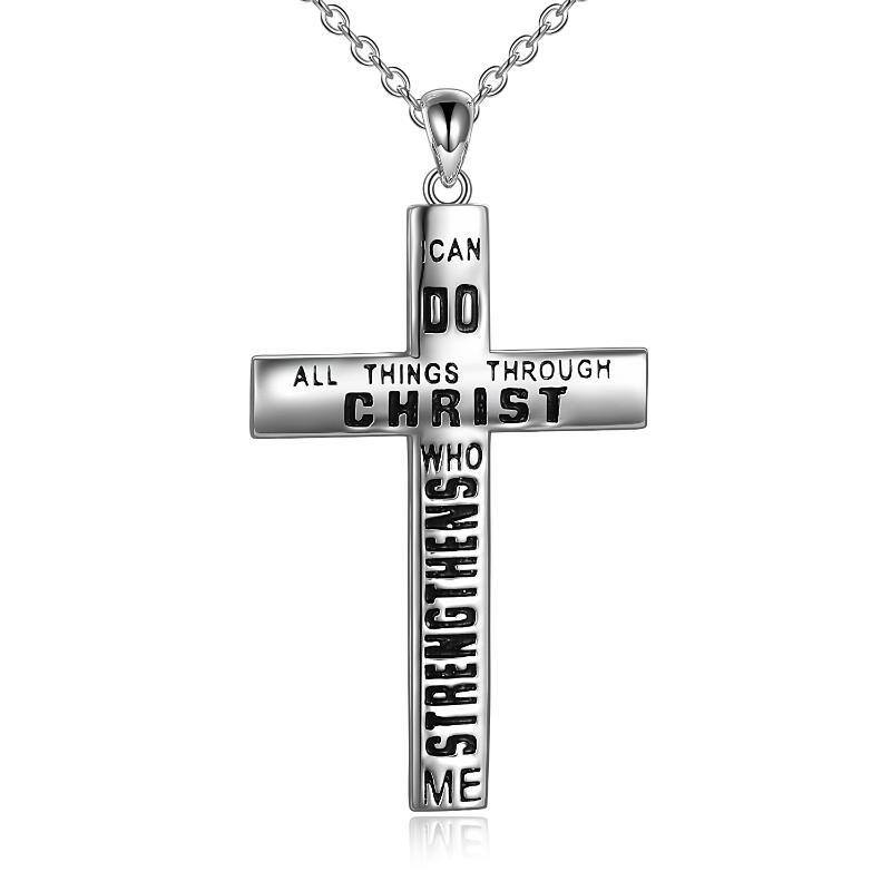 Sterling Silver Cross Pendant Necklace with Engraved Word-1