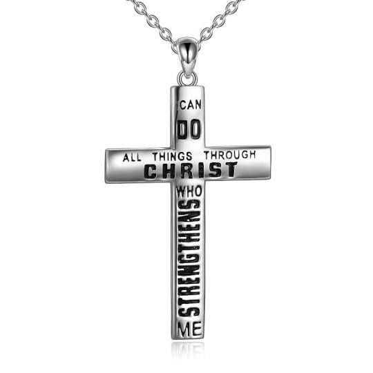 Sterling Silver Cross Pendant Necklace with Engraved Word