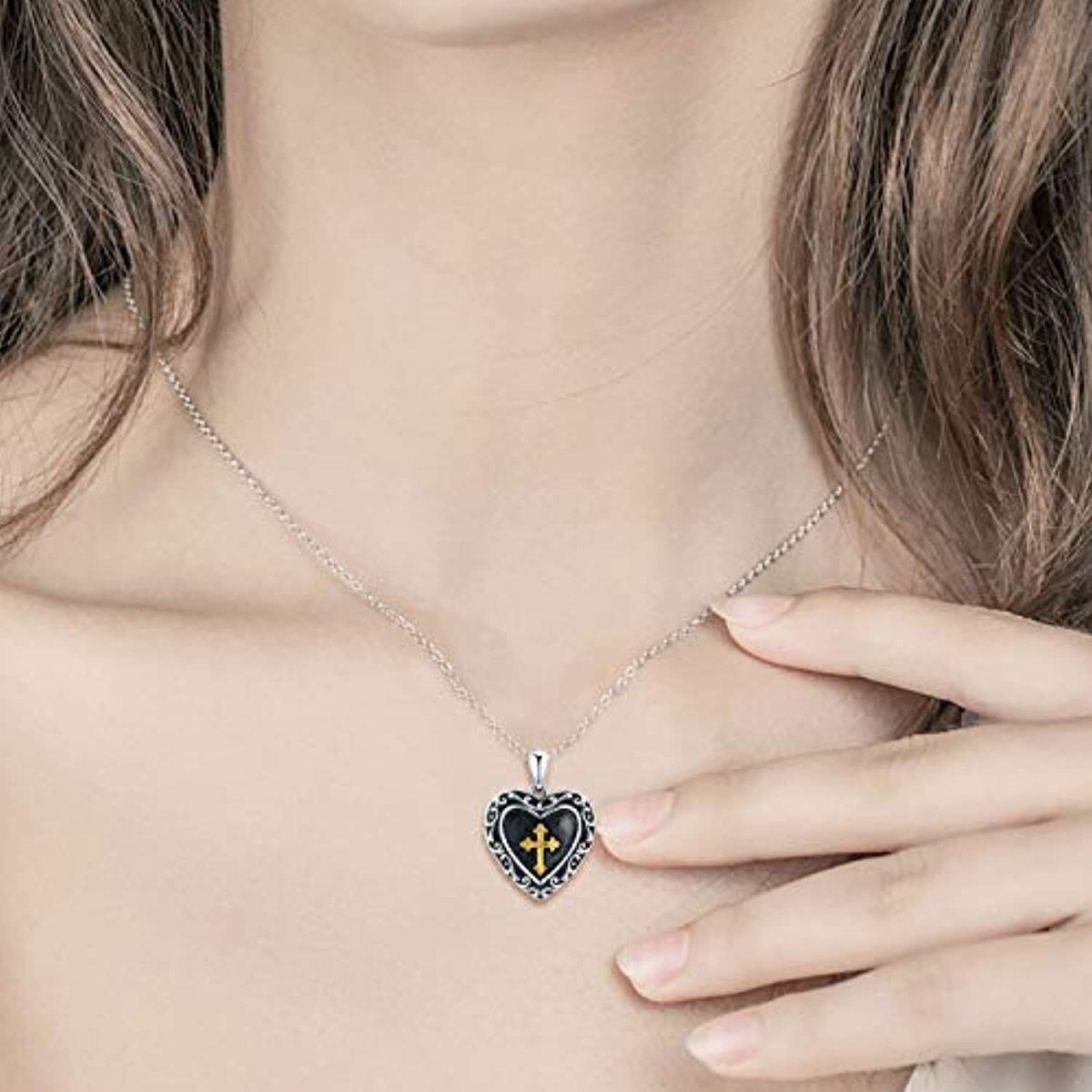 Sterling Silver Two-tone Cross Personalized Photo Locket Necklace-3